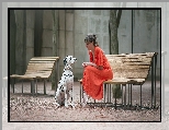 Kobieta, Pies, Dalmatyńczyk, Ławki