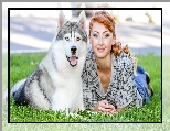 Kobieta, Pies, Siberian husky, U�miech