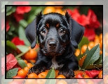 Listki, Kwiaty, Czarny, Pies