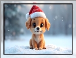 Grafika, Szczeniak, Czapka, Pies, Śnieg, Mikołaja