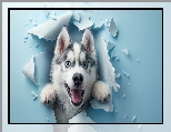 Dziura, Niebieska, Pies, Ściana, Siberian husky