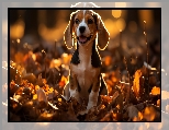 Grafika AI, Beagle, Szczeniak, Pies, Jesień, Liście